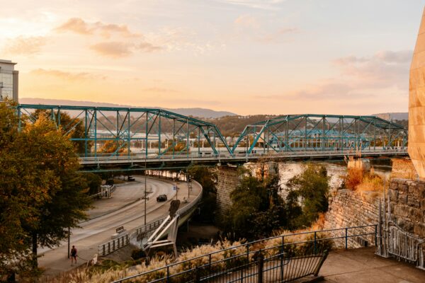 Chattanooga skyline at sunset over the Tennessee River